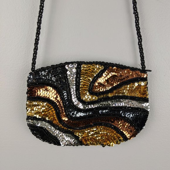 Vintage Handbags - Vintage Small Metallic Sequin Beaded Crossbody Bag